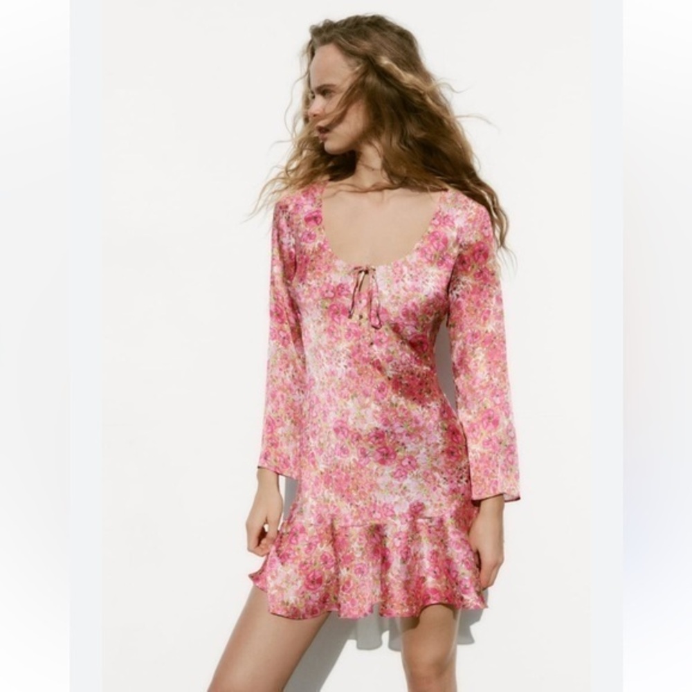 Zara Pink Floral Long Sleeve Dress With Ruffles Size Small